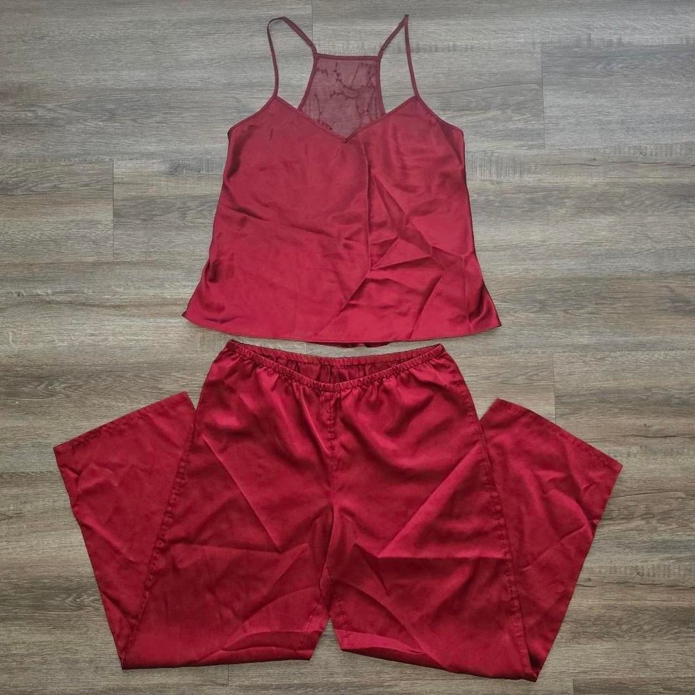 Vintage Avon Coquette Ruby Red Satin PJ Set Camisole & Wide Leg Pants Medium
